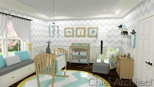 A zig-zagged and chevroned nursery in grey, teal, and yellow is fun but elegant and has all the prerequisites for bringing baby home.