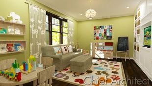 This playroom is homey like split-pea soup, its plush wildlife inspired rug is perfect for tumbling, and the plethora of books, toys, crafts, and TV time will keep any child happily occupied.