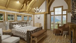 Timber-framed vaulted trusses, log bed, leather, antler decor, and knotty pine trim are all strong indicators that this is a rustic log-home scene.