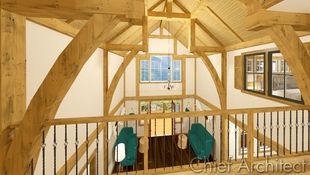 From the 2nd floor catwalk, you can overlook the great room and the timber frame trusses that create a dramatically vaulted space.