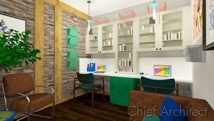 This efficient office as workspaces for two while staying engaging with reclaimed wood planking on walls, and vibrant blues, greens, and oranges in the furnishings and accent pieces.