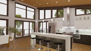 This contemporary kitchen has a high sloped roof, dark brown cabinets, and an island with a waterfall counter in white quartz.