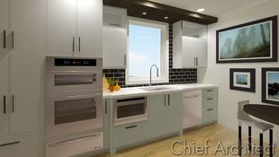 A simple and clean contemporary kitchen with light grey-blue cabinets, black subway tile backsplash, and eat-in dining.