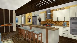 A casual contemporary galley kitchen rendered using a watercolor style that is overlaid with sketched line art.