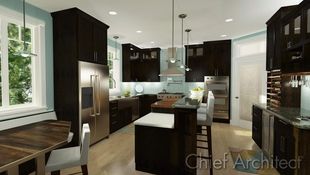 A kitchen with dark brown cabinets, blue walls, and light floors looks sleek with stainless appliances, an island with raised bar, and eat-in seating.
