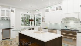 The ray traced kitchen has white shaker cabinets with glass doors on the top of the upper cabinets, a walnut island with quartz counter and elevated glass bar, eat-in dining, and blue glass strip tiles installed vertically.