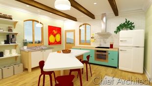 A modern take on a European cottage kitchen, this eclectic room is bright with a teal cabinet run for cooking, a stainless topped sink cabinet, exposed shelves and ceiling beams, and an angled island counter.