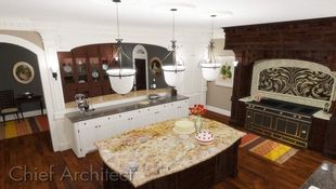 A kitchen in a very traditional style includes crown and dentil molding, paneled columns, drop pendants, range and hood surround, and a stout island with arched counter overhangs, all in rich materials and colors.