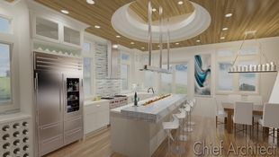 This modern kitchen ray trace illustrates a custom stepped coffered ceiling, a long recycled glass counter with built-in fireplace, built-in wine storage, and dining area all in clean whites, blues, and warm wood tones.