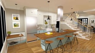 The rich and warm wood tones of the butcher-block counter and booth table in this kitchen make it inviting and comfortable with lots of seating for the Chef's guests; the two-tone cabinets (white uppers and stormy blue lowers) keep the palette lively.