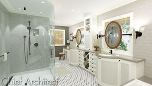 A clean and traditional bathroom with a twist incorporates arched forms through oval vanity mirrors that double as privacy blinds, bow front sink cabinets, and a curved glass shower wall.