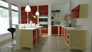 Sleek and shiny, this kitchen has lacquered red doors on maple cabinet boxes, and is faced with big bright windows to let in lots of natural light.