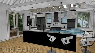 This contemporary vaulted kitchen is rendered in a Watercolor technique that is overlaid with sketchy lines to make it look hand-drawn and colored.