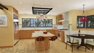 A warm and inviting kitchen in sandy yellows and beachy blues look out on palm trees, has an island with bar seating, and an eat-in booth.