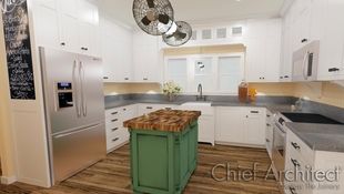 This craftsman kitchen in white is elegant and traditional with wall cabinets that reach the ceiling and a display valence over the sink; a chalkboard for menu ideas and green island with butcher-block counter, and double-headed ceiling fan fixture add points of interest to the scene.