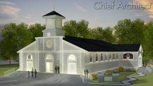 This church rendering includes a steeple, stained glass windows, wrapped concrete stair entrances, and meandering walkway, all foreground to a glowing sunset.
