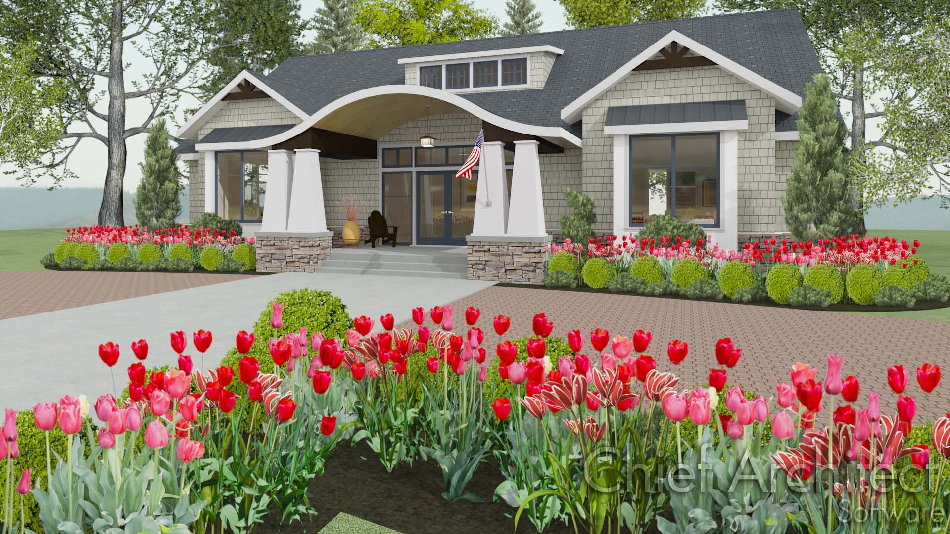  shed dormer, flanking box windows, and red and pink tulips in the