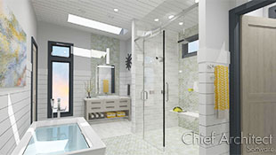 A white ensuite bathroom with shiplap walls, pearl diamond tile,  soaking tub filled with water, floor to ceiling windows, shower with a glass door on rails, and yellow accents.