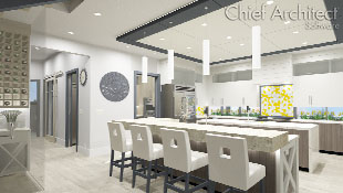Contemporary kitchen has two long islands, thick granite counters with waterfall edges. Base cabinet fronts are walnut slab and the uppers are white; a range at the far wall is backed with yellow, blue, and white diamond tiles and flanked with windows under the cabinets that server as a backsplash