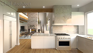 modern kitchen design in white and stone that opens onto neutral toned dining room, living room, and stone fireplace