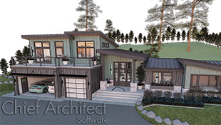 front perspective architectural rendering of a green and grey luxury multi-level home on a treed sloped lot with vertical siding and standing seam roofing