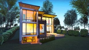 A high-quality ray trace of an exterior contemporary home at dusk, walls of windows glow in amber hues creating a warm inviting scene.