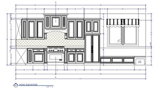 wall elevation dimensioned view shows crown molding and cabinets with traditional raised panel doors