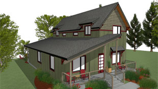 An exterior perspective rendering of a modern cabin styled green home with red trim and a clerestory cantilevered roof.