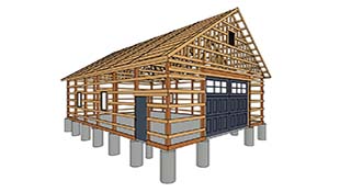 line drawn rendering of a pole barn garage's framing with concrete piers and a slab floor