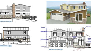 A home diagram of a remodel addition with a shed, shed roof, gable roofs, and craftsman windows, noted with elevation markers