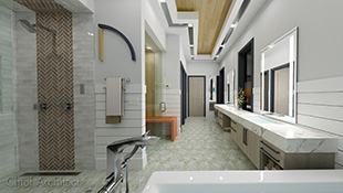 large, long bathroom with lighted mirrors on right wall flanked wit white shiplap siding over a log vanity with a thick veined stone counter and floating whitewashed oak cabinets; steam shower on the left, freestanding tub in the foreground, diamond shaped tiles on the floor in shades of neutral green, and a light colored tongue and groove wood ceiling