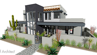 grey stucco and metal contemporary southwestern style home has flat roofs and window awnings and illustates building techniques with exposed parapet wall framing scene is surrounded with desert landscaping