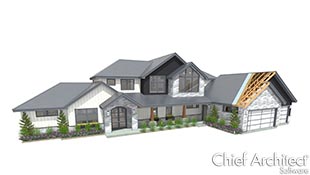 The Silverton contemporary sample house plan created in Chief Architect software.  3D house rendering with exposed truss framing