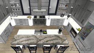 contemporary kitchen island with seating; veined concrete counters, and frameless cabinets in gray and white
