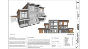 A construction document title page features a contemporary 3 story remodel project with shed roofs, metal awnings, and grey brick and natural wood siding.