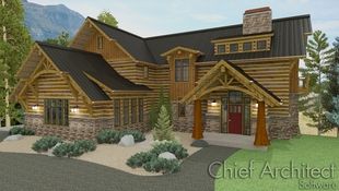 A take on timber frame construction in the form of a classic mountain home with shed dormer, prow roof overhangs, custom trusses, log siding with chinking, and flared stone skirt exhibit the flexibility in home design software.
