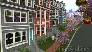 Seemingly a scene right off of Broderick Street, San Francisco, a series of colorful row houses greet a trolley amidst the blooming spring trees.